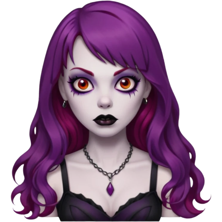 vampira gótica zumbi de cabelo longo e vermelho quase roxo e franja e roupa com decote e batom preto emoji