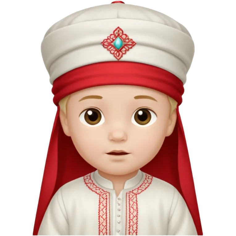  baby boy dressed in wight ghalibiya with delicate decorations with a red Moracain hat  emoji