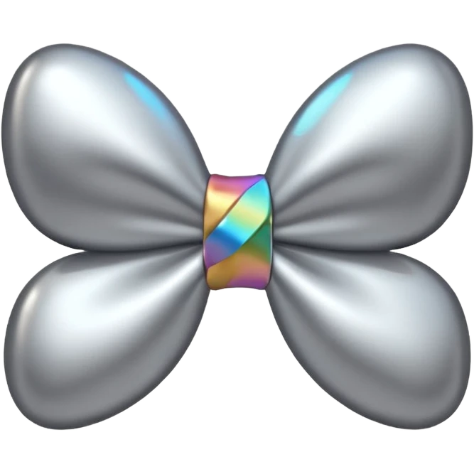 A cute bow emoji made of polished silver chrome, smooth rounded loops, glossy metallic surface, soft mirror reflections, subtle highlights, minimal and adorable proportions, iOS emoji style, centered composition, clean white background, soft studio lighting, no text, no outline, ultra high quality emoji