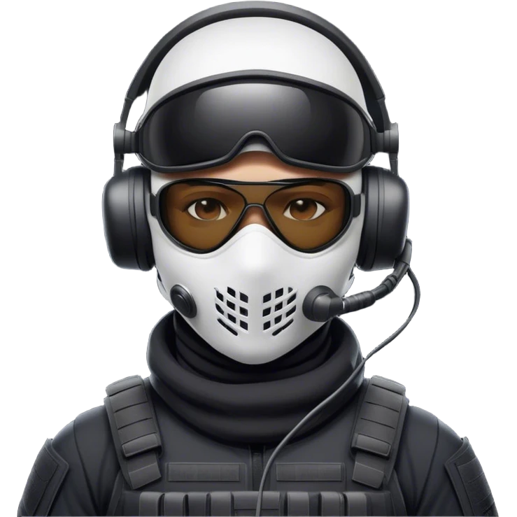 Futuristic special forces soldier wearing a white full-face balaclava, black wraparound sunglasses, and a high-tech military headset with a microphone. Dressed in a dark tactical uniform with modern combat gear. The lighting is dramatic, emphasizing a sleek and professional covert operative look. emoji