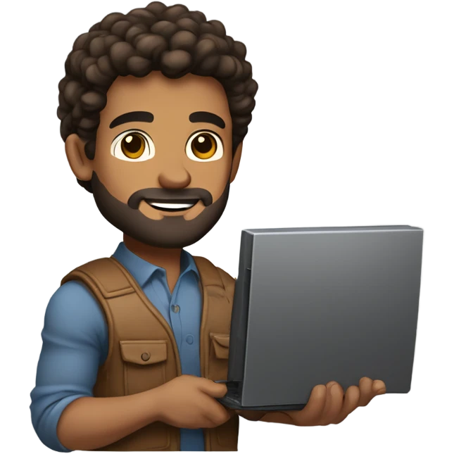 men holding his computer in hands. light brown skin men with curly dark brown hair, brown eyes, little grown beard. ust a tiny bit muscular. dressed casual. round face. emoji