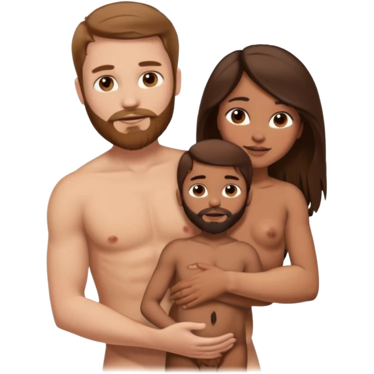 white guy with brown hair and beard, holding a brown girl with long dark hair in arms, naked, showing tits and pussy emoji