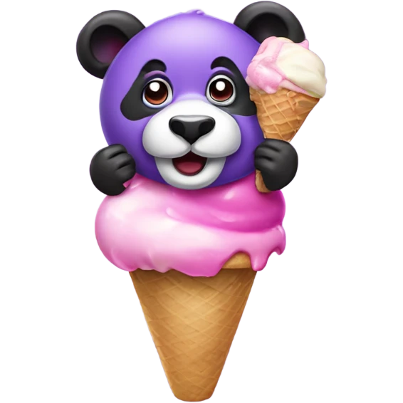 A goofy purple and pink panda eating ice cream emoji