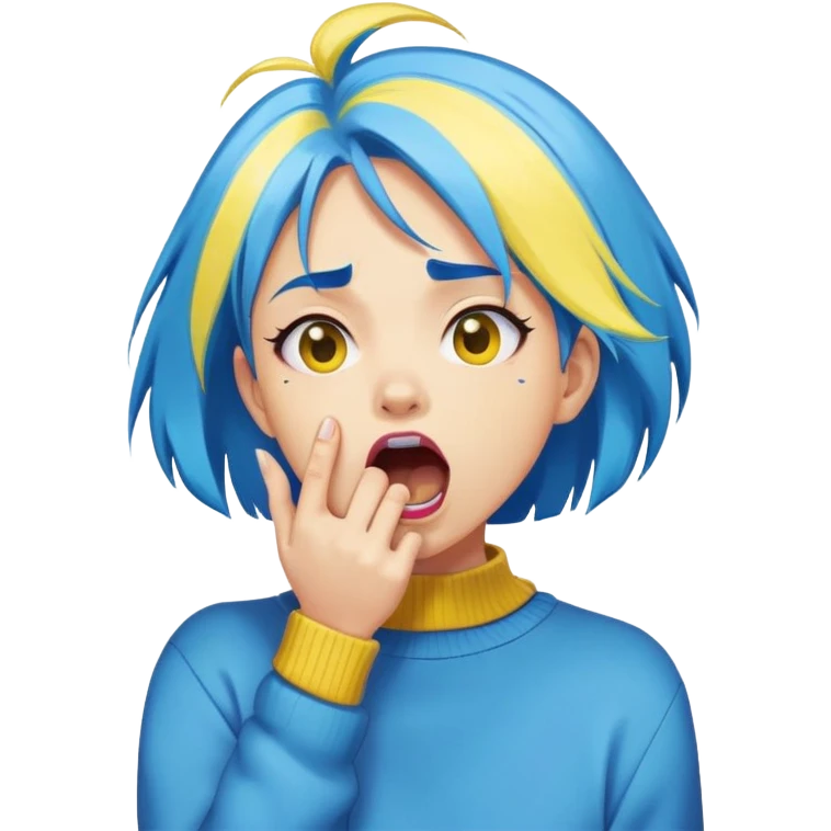 Create a small, circular emoji version of this sticker: a stylized cartoon girl with bright blue hair and a yellow sweater clutching her throat, mouth open in a dramatic gasp. Simplify the lines and shading for emoji clarity, preserve the bold color palette, and keep the exaggerated expression. emoji