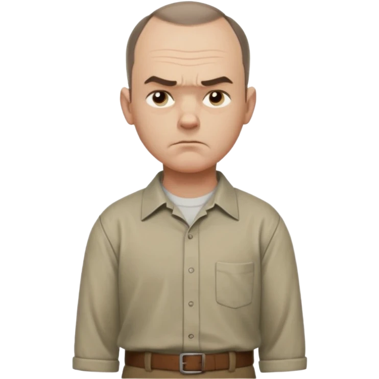 Carl from Sling Blade, serious expression, recognizable features, chin sticking out, slouching posture, no glasses, shirt with collar,  side view,show his entire body, he is standing. three-quarter face angle. He sticks his head forward emoji
