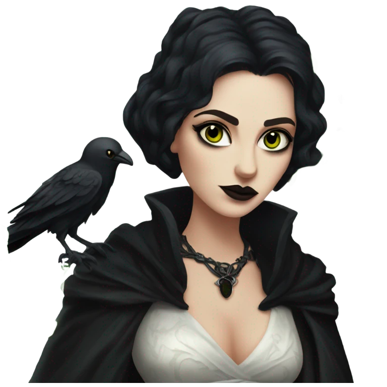 the morrigan goth woman version vines style furr robe stylish boots, perfect eyes, raven on hand, green vines decor on ground emoji
