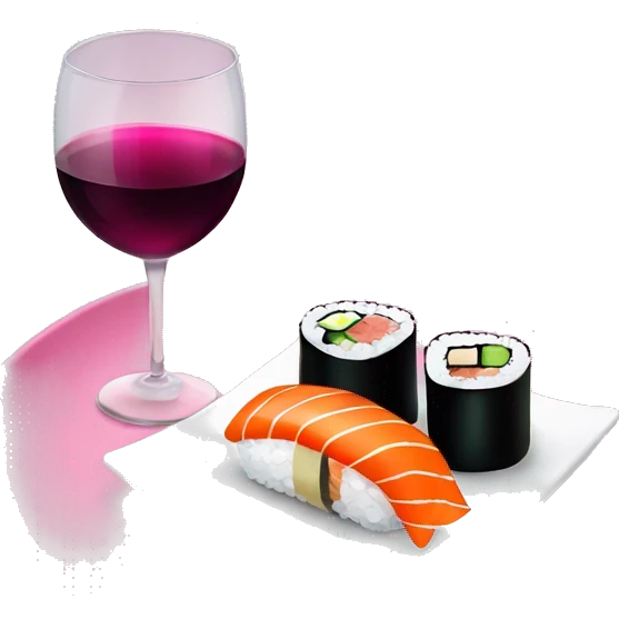 two glasses of wine with a plate of sushi with a pink bow  emoji