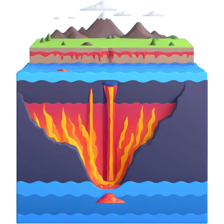 Cross-section of seafloor spreading with magma rising at mid-ocean ridge emoji