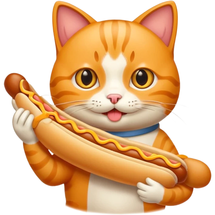 A cartoon cat holding and eating a hot dog emoji