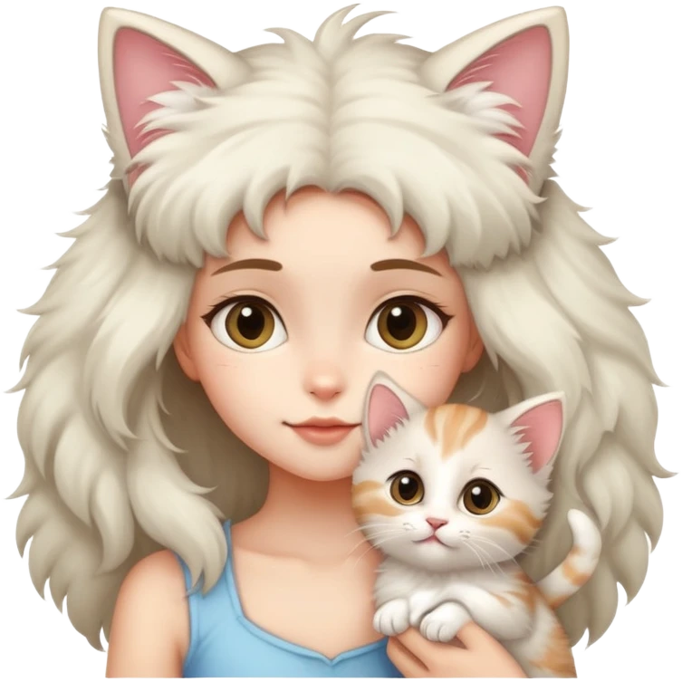 There's a fluffy kitten on a girl's head, its tail wagging gently. emoji