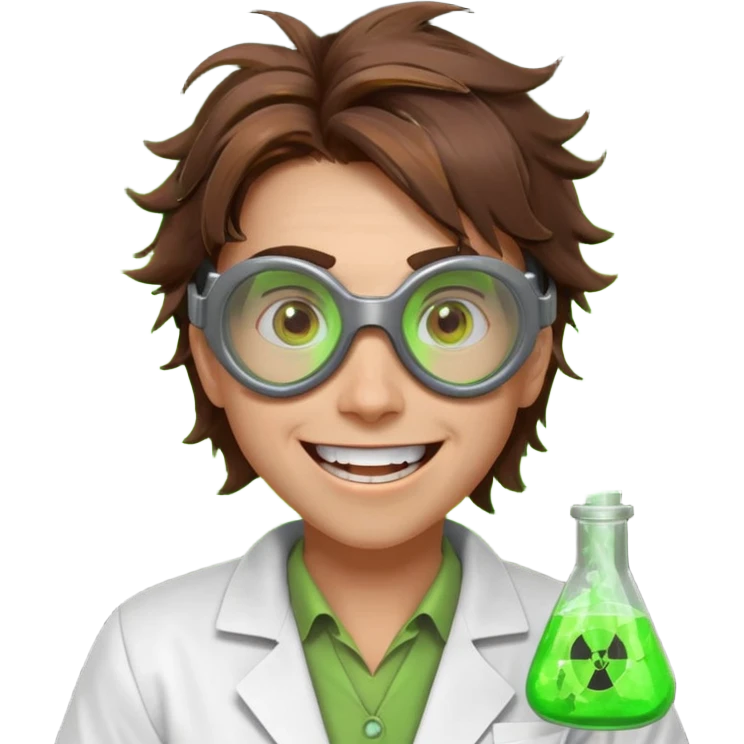mad nuclear scientist portrait, head and shoulders only, messy hair, cracked goggles, glowing radioactive green light, excited crazy smile, 3D cartoon, mobile game icon style, clean background, no text, no watermark
 emoji