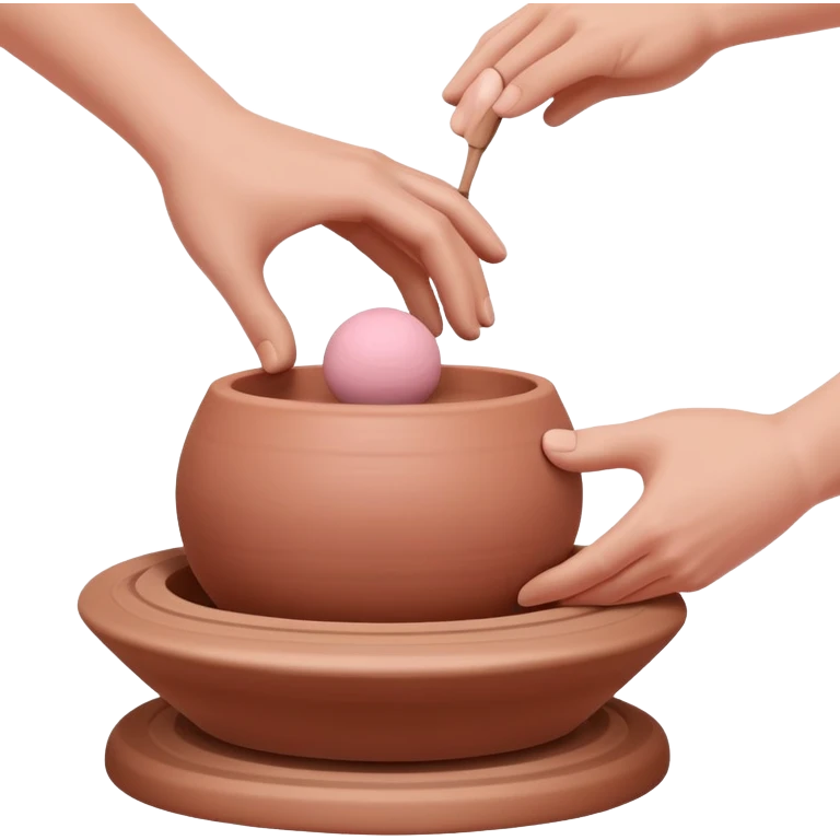 one hand pressing down on a pink ball of clay above an empty pottery wheel, with the clay not touching the wheel surface, hovering slightly above it emoji