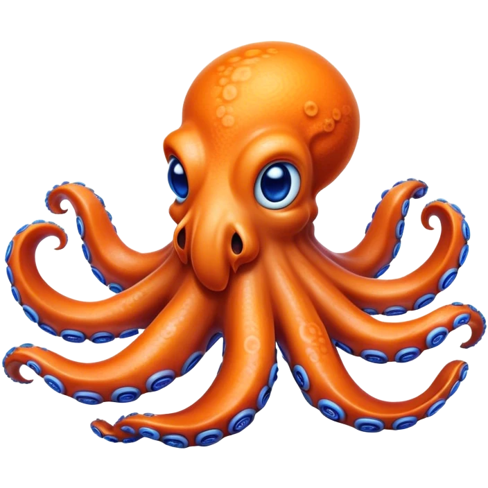 Cinematic Realistic Comical Octopus Portrait Emoji, Head tilted dramatically with an exaggeratedly amused expression, featuring a striking, glossy orange body adorned with bold blue rings and wide, expressive eyes brimming with playful disbelief; rendered with vivid natural textures and dynamic highlights, high shine, dramatic yet playful, styled with an air of cheeky ocean mischief, soft glowing outline, capturing the essence of a spirited and over‐the‐top octopus that looks ready to squirt ink its way into viral fame! emoji