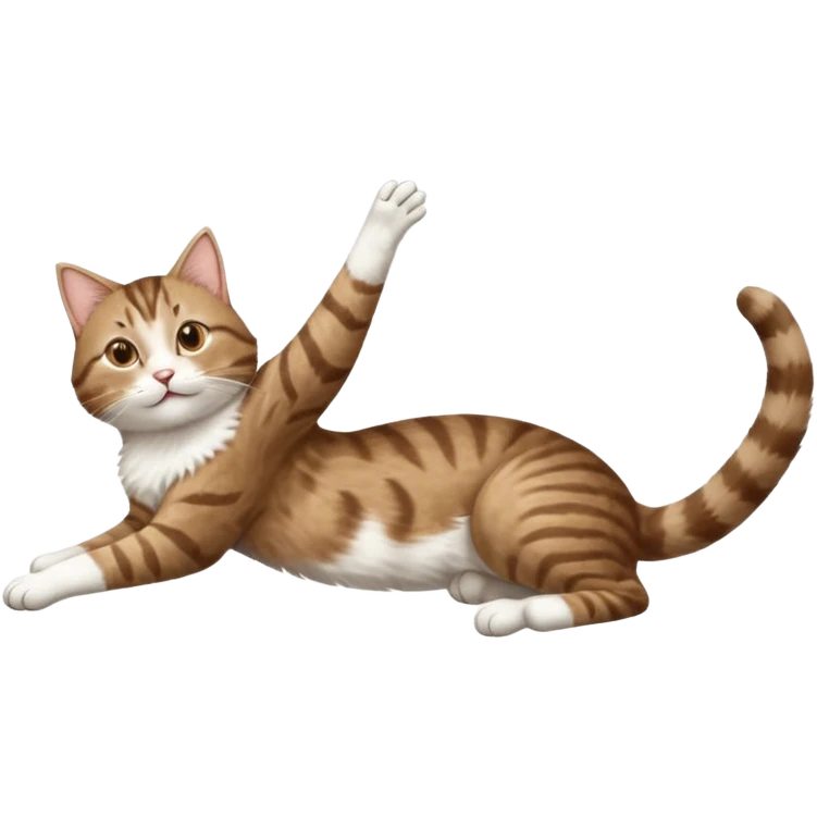 brown tabby and white cat with doing a big extremely long stretch reaching up into the air with arms and legs side by side together straight and overextended whilst lying on its side emoji