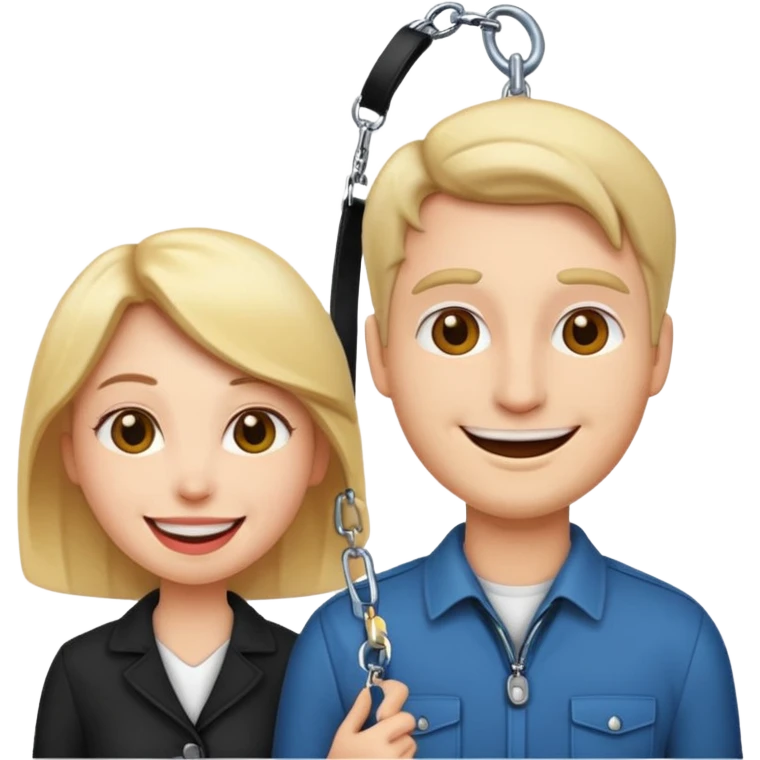 fun, exaggerated emoji of a woman with a man on a leash, both characters looking happy, no background emoji