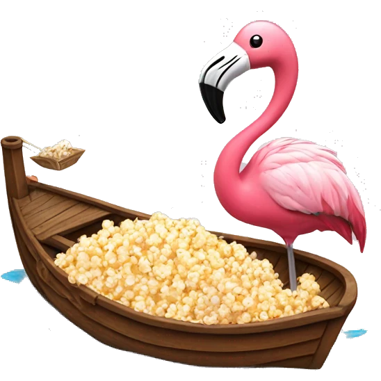 Flamingo eating popcorn on boat emoji