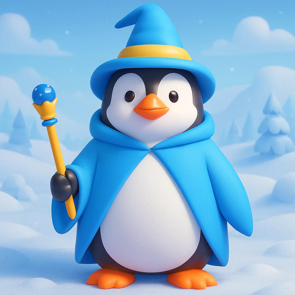 Add a snowy landscape background behind the 3D emoji style penguin wizard, keep all original colors and style. Make it 3D emoji style. emoji