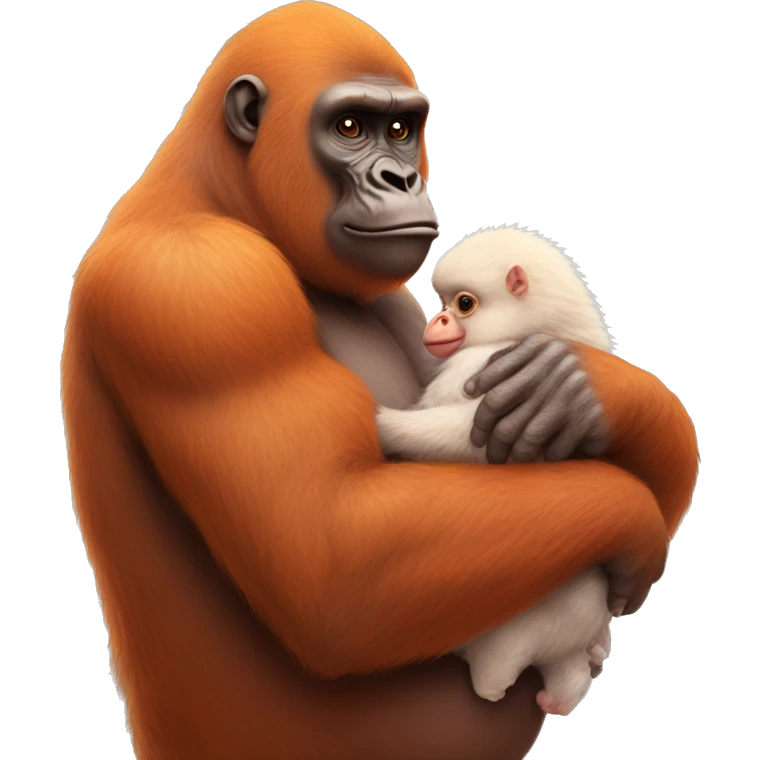 An orange gorilla holding a cute baby hen emoji
