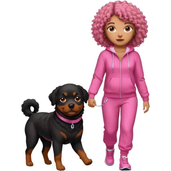 African american curly haired woman in all pink tracksuit walking big Rottweiler dog emoji