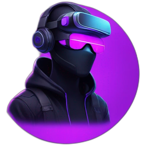 Russian man in the black hoody with violet OMG VR logo on it wearing vr headset. Cyberpunk style. Violet neon. emoji