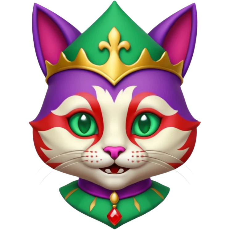 crazy colorful cute little cat jolly joker from poker, medieval, vintage, court jester, mac os icon, purple, gold and red color, half body, emerald green ice eyes. Squared shape as 3D mac os icon, symmetrical emoji