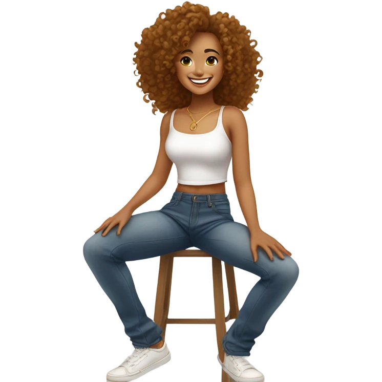 Woman with caramel coloured skin, curly hair, gold hoop earrings, white crop top, low waisted baggy jeans, smile emoji