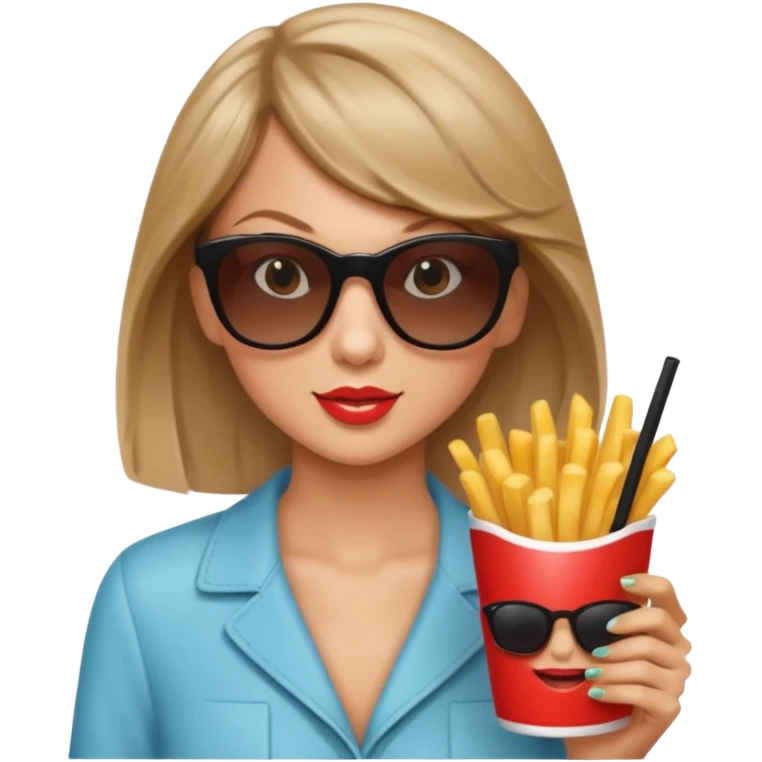 Taylor Swift, wearing sun glasses,  holding a cup of fries





































 emoji