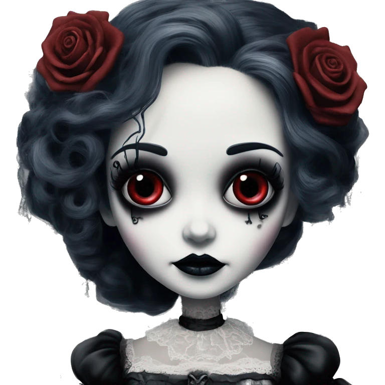 tim burton corpse bride, porcelain doll with a cracked face, goth makeup, long hair, lace and ruffles, lolita style, inked, black and white, red roses emoji