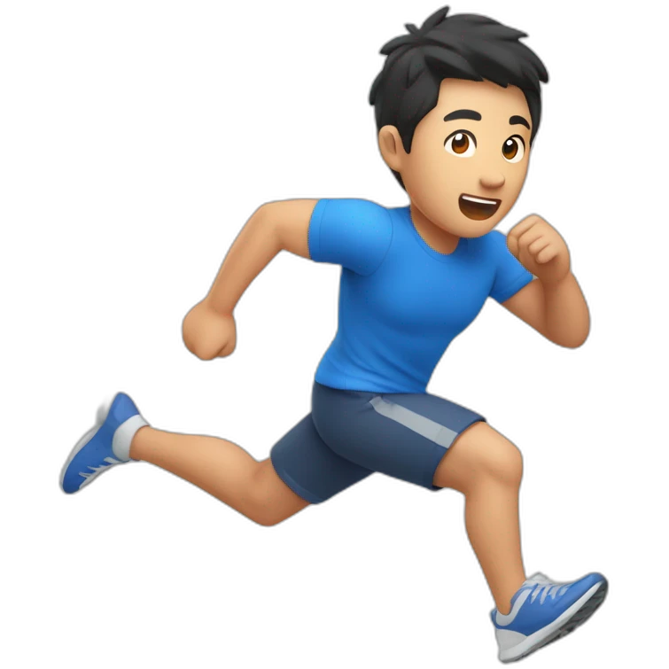 an asian man with red shirt and blue short running fast on grass land emoji