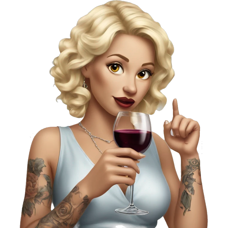Blonde elegant women, her body covered with tattoos, wine in her one hand, pointing on you with her other hand , Hyper realistic emoji