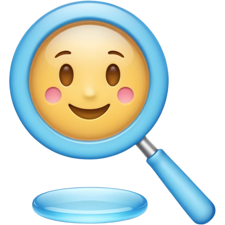 A 3D emoji-style magnifying glass, smooth rounded shapes, soft gradient blue ring, glossy plastic material, subtle highlights and reflections, simple minimal design, pastel blue color, slightly thick proportions, soft lighting, clean white background, modern emoji aesthetic, centered composition emoji