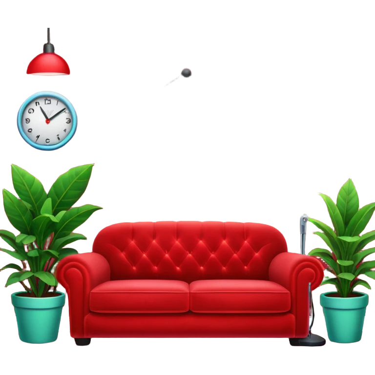 red velvet couch, mic in front, houseplants in back, and a neon sign saying "karaoke", and NO PEOPLE IN IT emoji