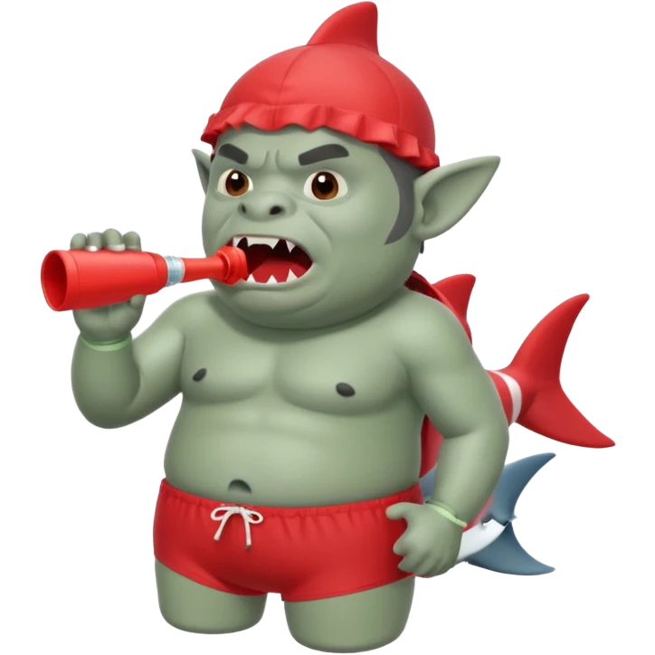 orc male in shark floatie, blowing whistle. Red swim trunks emoji