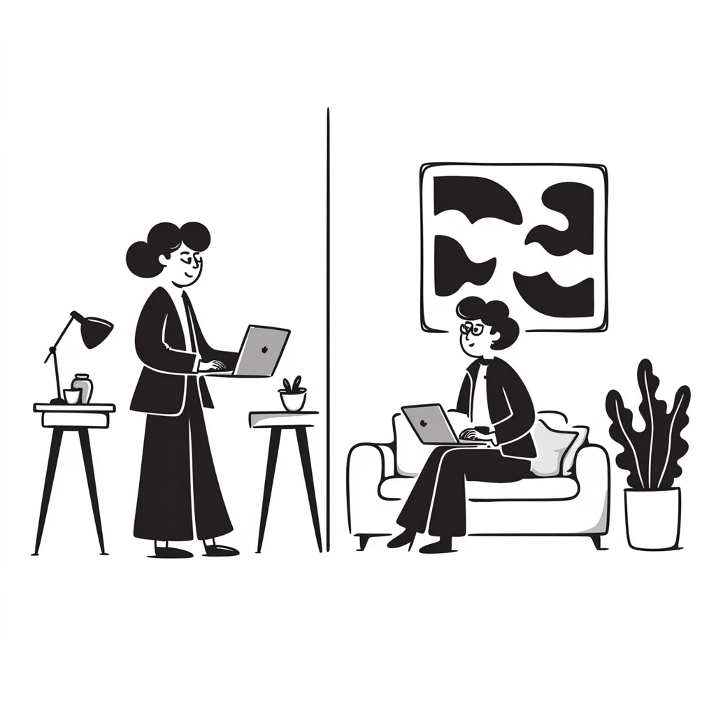 Flat illustration of a cozy mid-century living room with two people working on laptops, one man standing at a desk and one woman sitting on a couch, warm tones, two walls and floor visible emoji