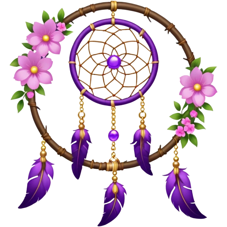 A white-framed Dreamcatcher. with purple-round-orbs, gold-rings hanging down. purple flowers, pink sakura flowers, emoji
