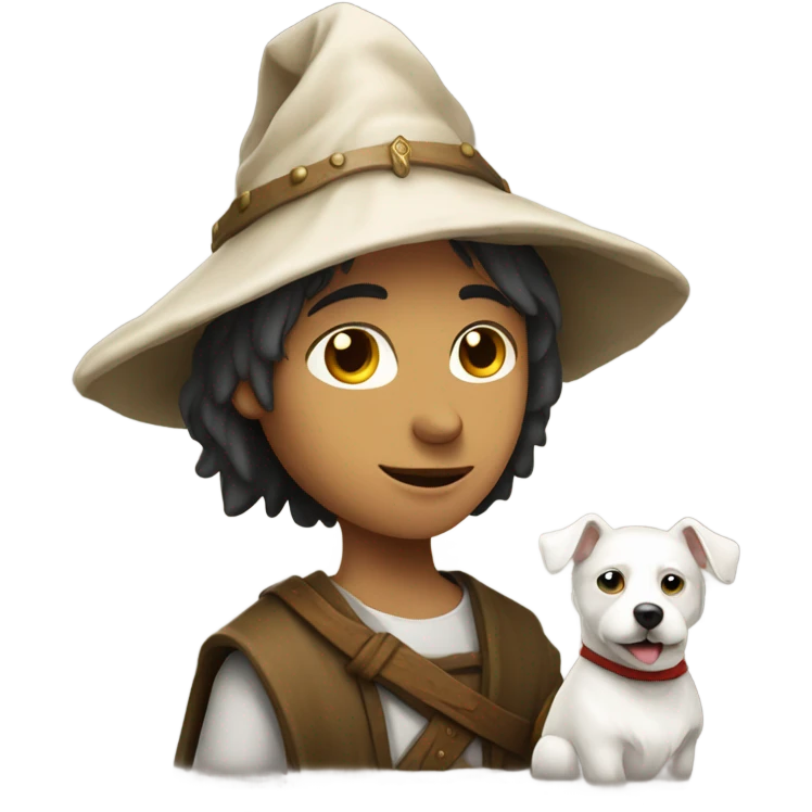 young medieval pilgrim with hat and white little dog emoji