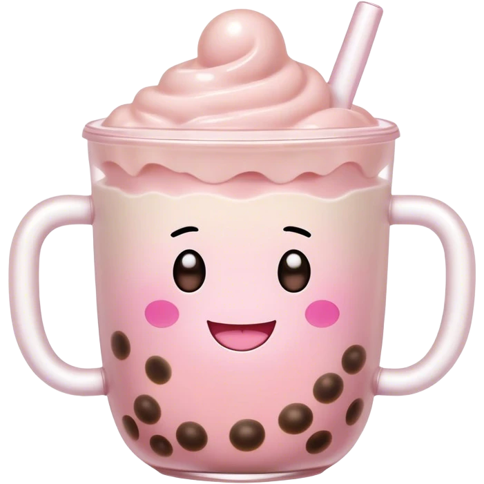 Cute Kawaii Boba Tea Cup, with a happy smiling face, chubby round shape, pastel pink and brown colors, soft glowing highlights, adorable tapioca pearls floating inside, sparkling eyes full of joy! emoji