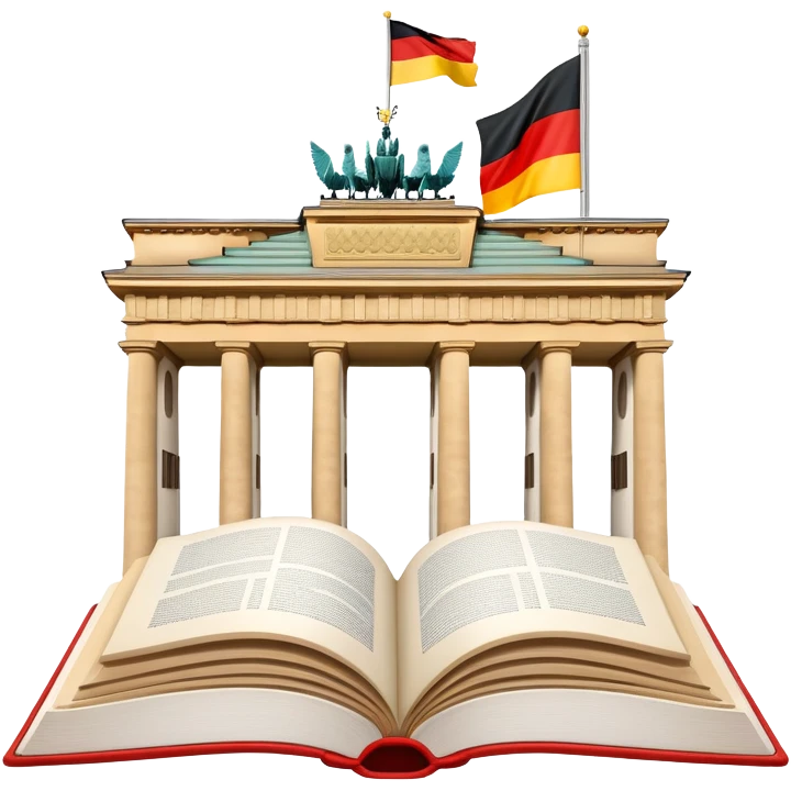 An icon featuring the Brandenburg Gate and the big flag of Germany, symbolizing the German language. The design includes an open book with German text representing language learning and German culture. Transparent background highlights the essence of German heritage. emoji