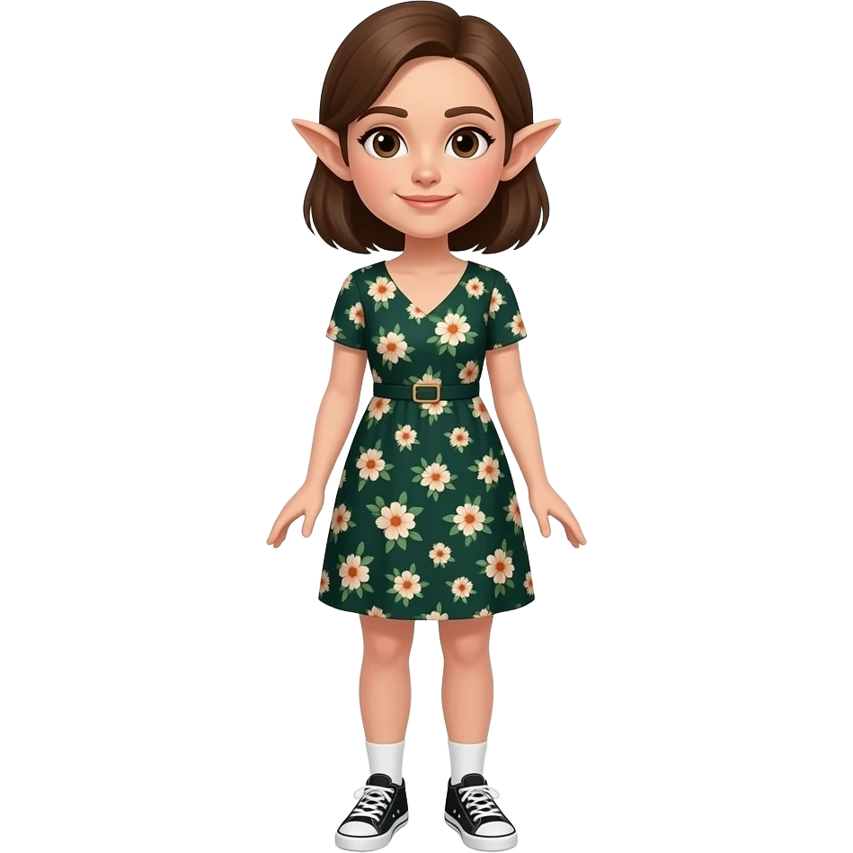 A white/fair skinned woman with brown hair, brown eyes and pointy ears, and wearing a dark green floral dress with white socks and black sneakers. emoji