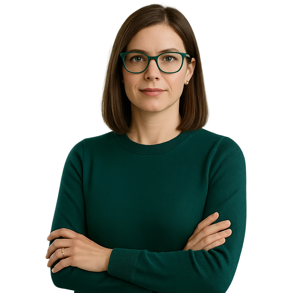 female CEO wearing an emerald green sweater, medium-length straight brown hair, emerald green glasses, business setting emoji