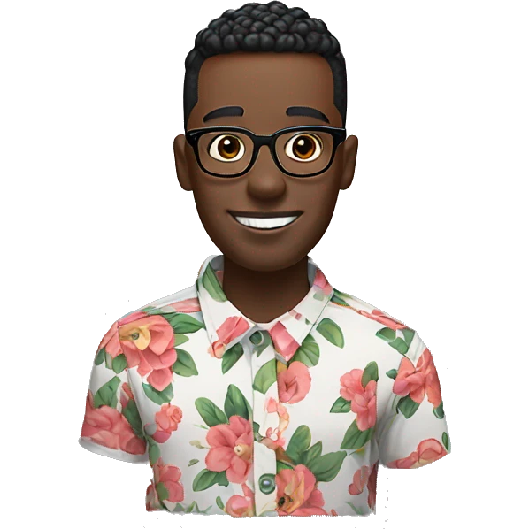 Black man with High top fade and bush eyebrows, floral shirt and glasses with AirPods. Missing 1 front tooth emoji