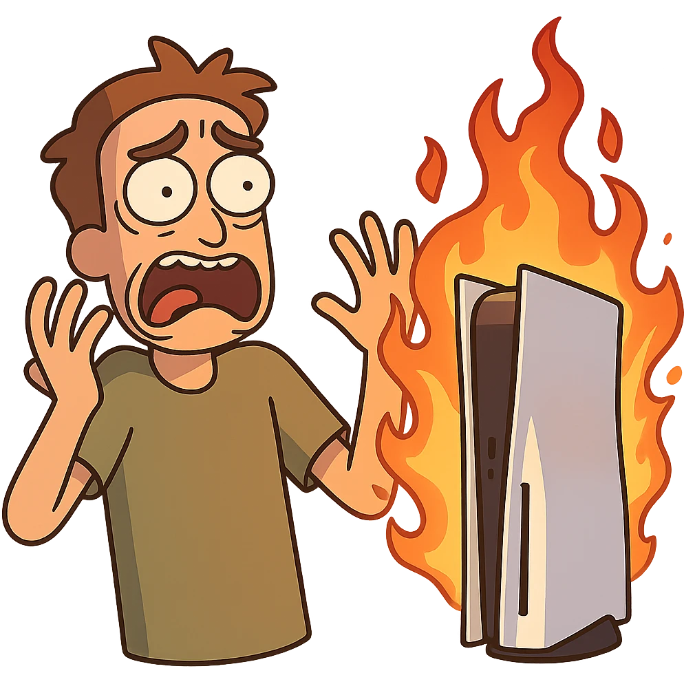 PS5 console on fire, dramatic lighting, vibrant colors emoji