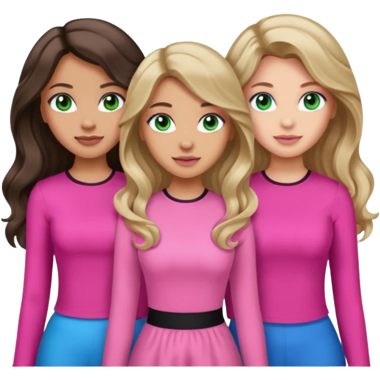 Three women, green eyed light skin with dark blonde long hair and Brown eyed light skin black long wavy hair and blue eyed light skin long blonde hair wearing cute pink outfits emoji
