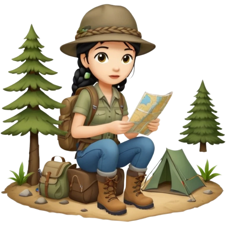 A braid black hair backpacking woman checking her map with curious eyes while walking wear camping hat and dirt covered boots full body emoji