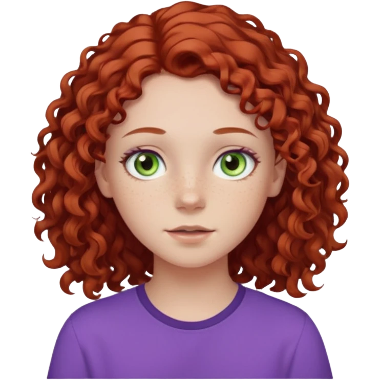 pale white teen girl with light blueish green eyes and freckles with brownish red curly middle part hair and purple shirt emoji