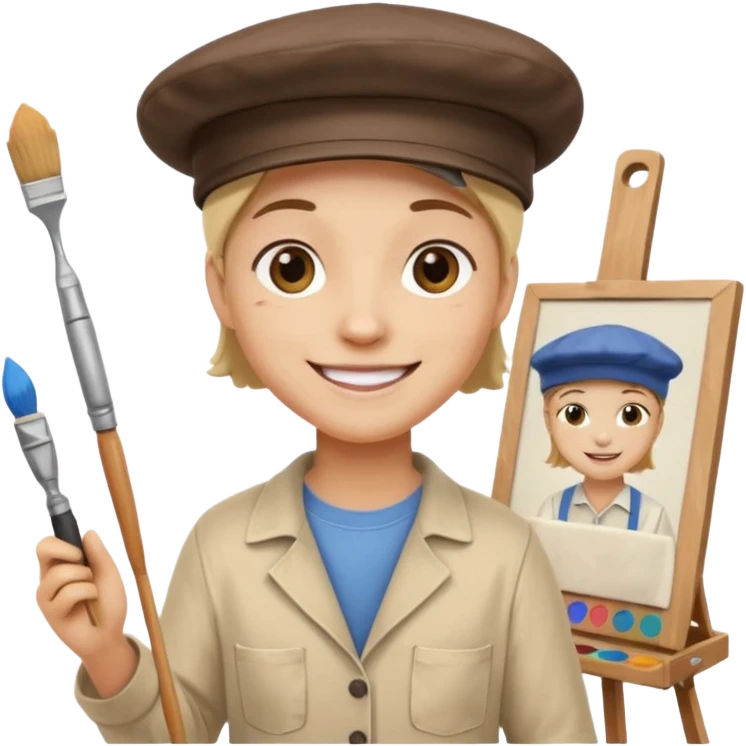 emoji of a professional painter, painting on an easel, wearing a painter's hat, happy emoji