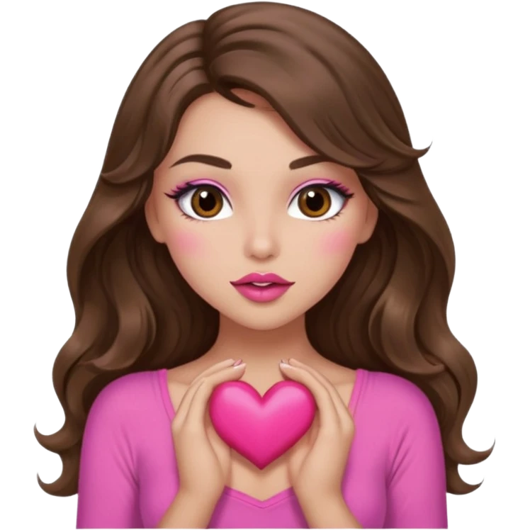 girl with long wavy brown hair, brown eyes, long lashes makeup, sexy pink lips, light to medium complexion, wearing a pink sexy top, sexy , puckering, blushing, kissing a heart sexy emoji