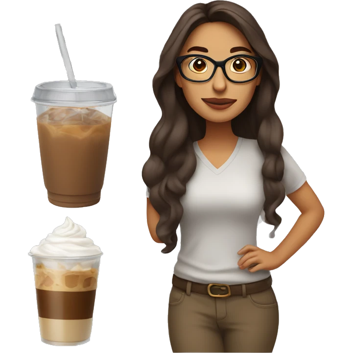 Hispanic woman with long brown hair wearing glasses holding an iced coffee in a clear cup.  emoji