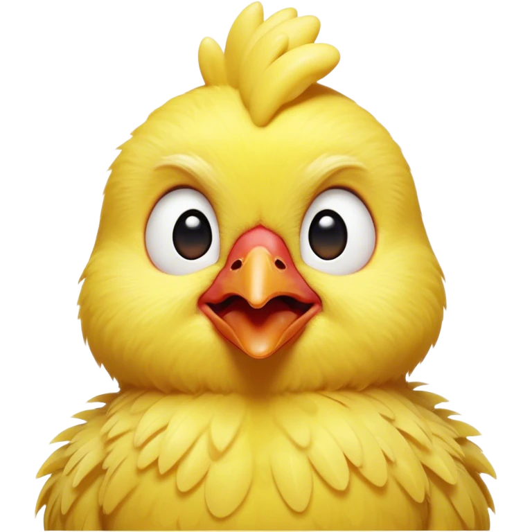 Cinematic Comical Yellow Baby Chicken Portrait Emoji, Head tilted dramatically with an exaggeratedly amused expression, featuring a striking, fluffy yellow downy coat with a tiny quirky red comb, wide, expressive beady eyes filled with playful disbelief, Simplified yet hilariously expressive features, highly detailed, glowing with a slightly sassy glow, high shine, dramatic yet playful, stylized with an air of cheeky mischief, bright and endearing, soft glowing outline, capturing the essence of a spirited and over-the-top chick, so meme-worthy it feels like it could peep its way into internet fame instantly! emoji