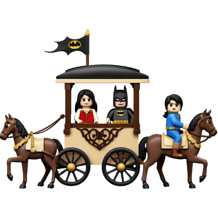  Ultra cute  Lego detailed 1854 Batman and pretty dark-haired Catgirl driving a horse drawn family-size Caravan alone together on a romantic trail in the woods  emoji
